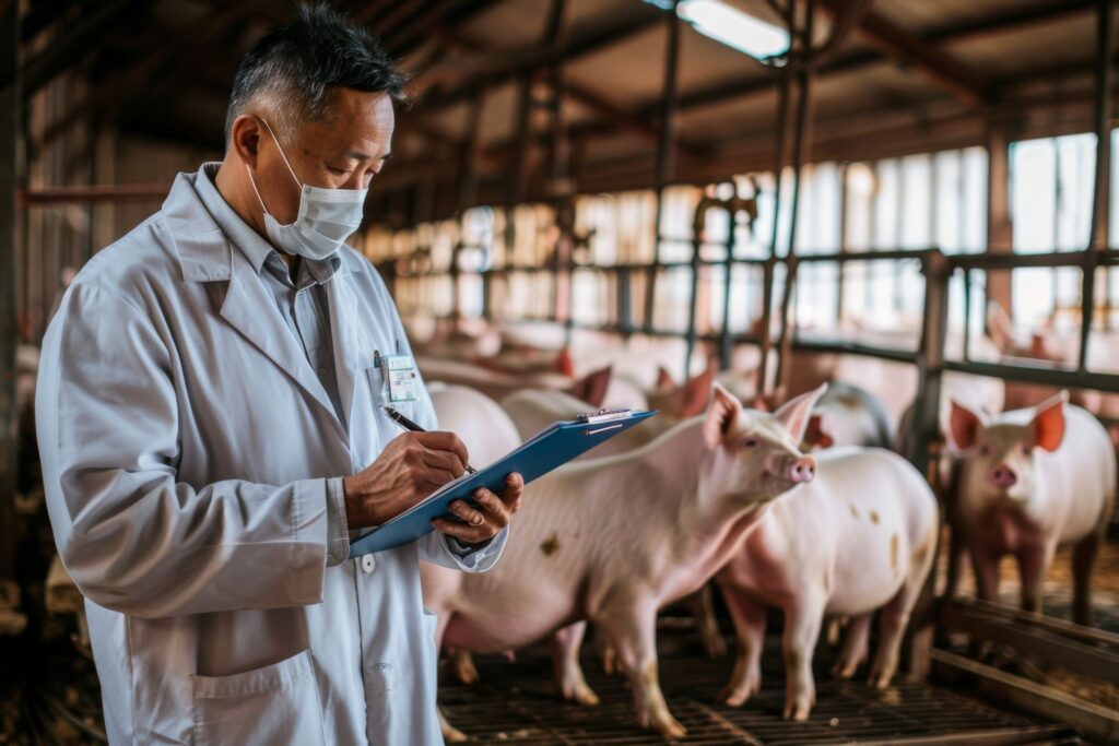 Photorealistic scene pig farm with animals