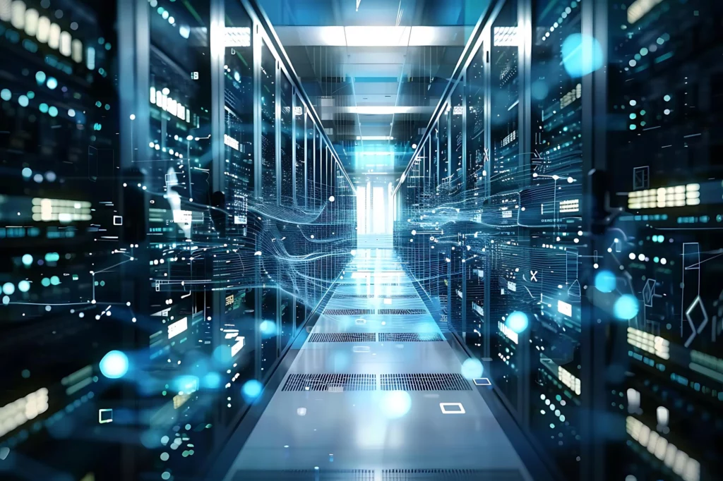 大型AI資料中心伺服器機櫃與數據流動視覺化畫面